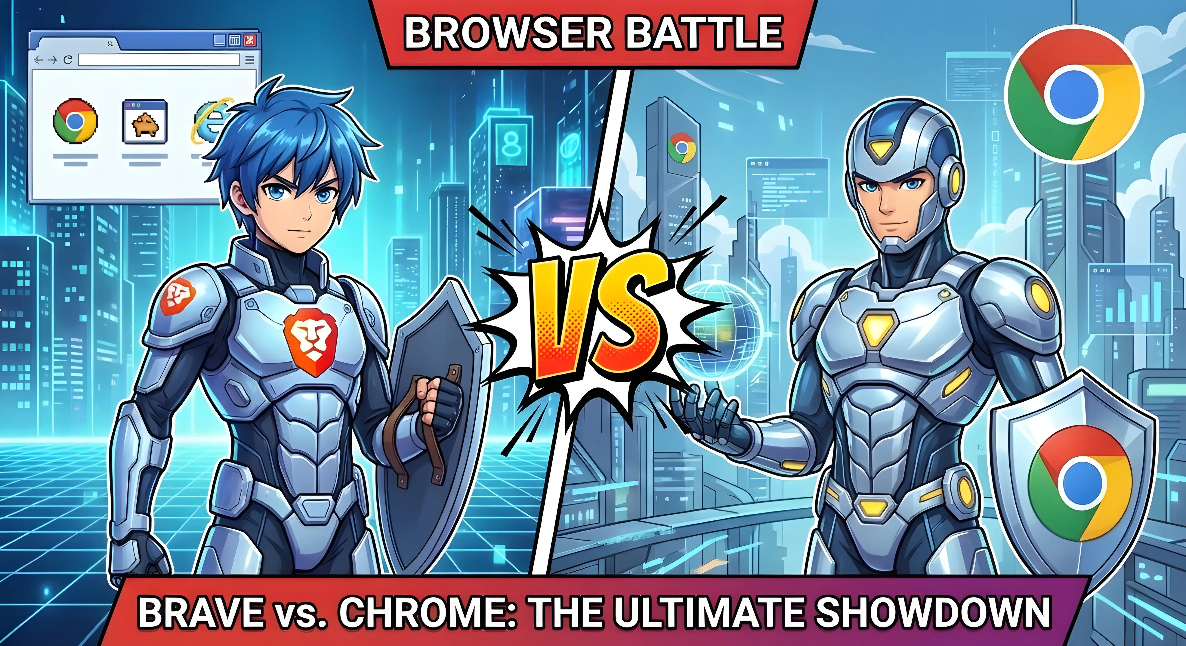 Brave vs Chrome 2026 对比信息图：1.01 亿 vs 38 亿用户，Shields 广告拦截 vs 无原生拦截，BAT 奖励 vs 数据收集