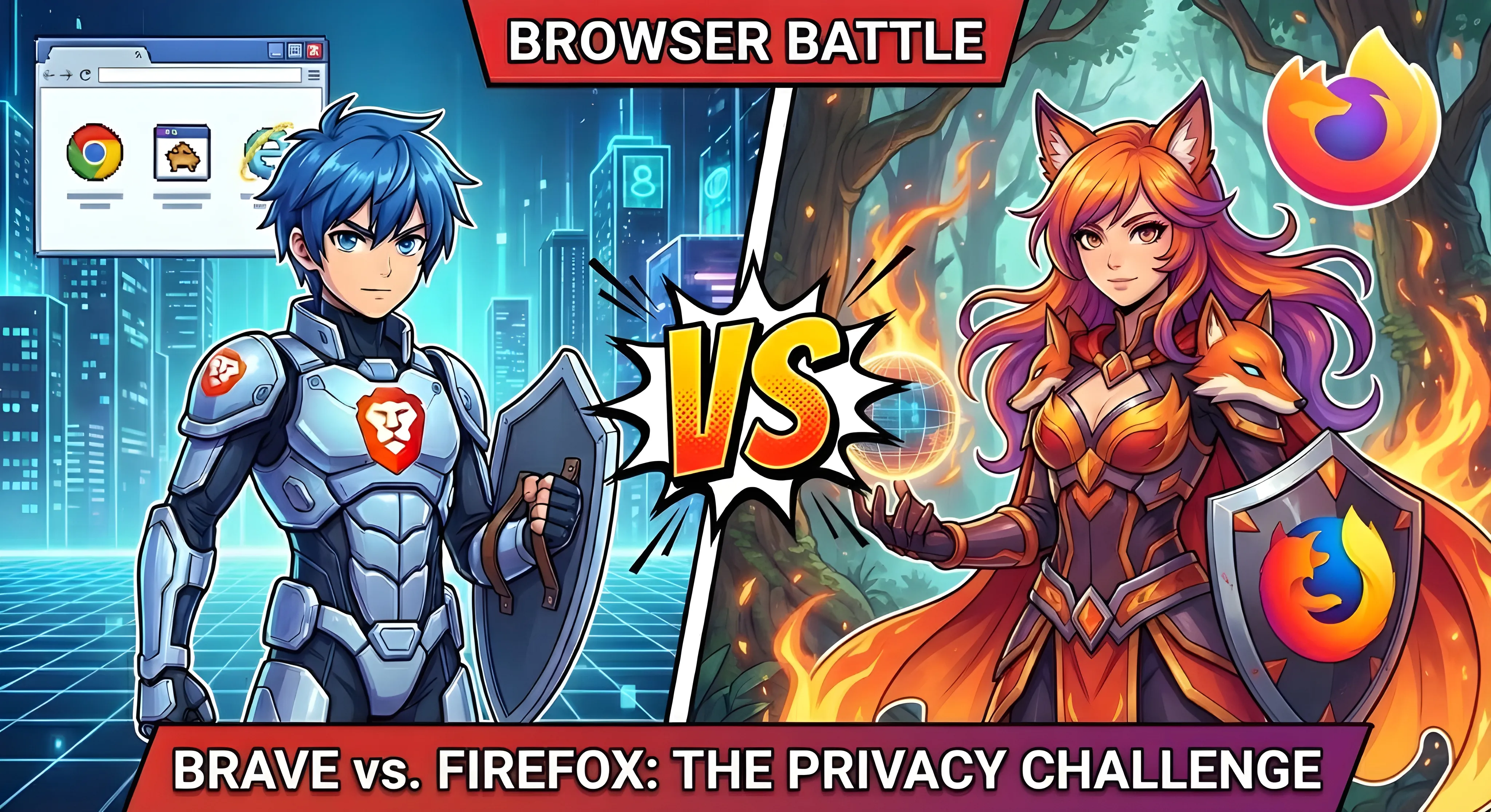 Comparação Brave Browser vs Firefox mostrando recursos de privacidade, benchmarks de desempenho e diferenças de recursos para usuários conscientes de privacidade em 2026