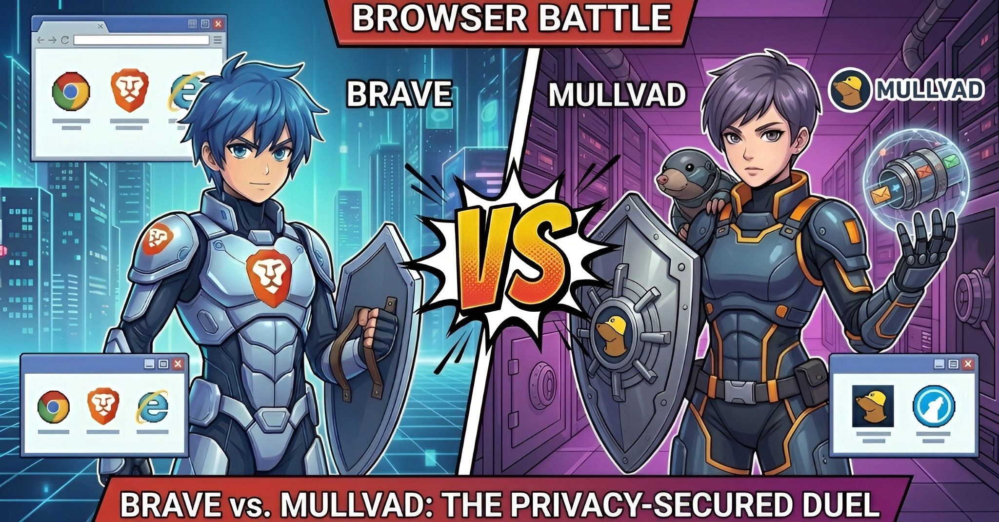 Brave Browser vs Mullvad Browser comparison showing privacy features, fingerprint protection philosophies, and security differences in 2026