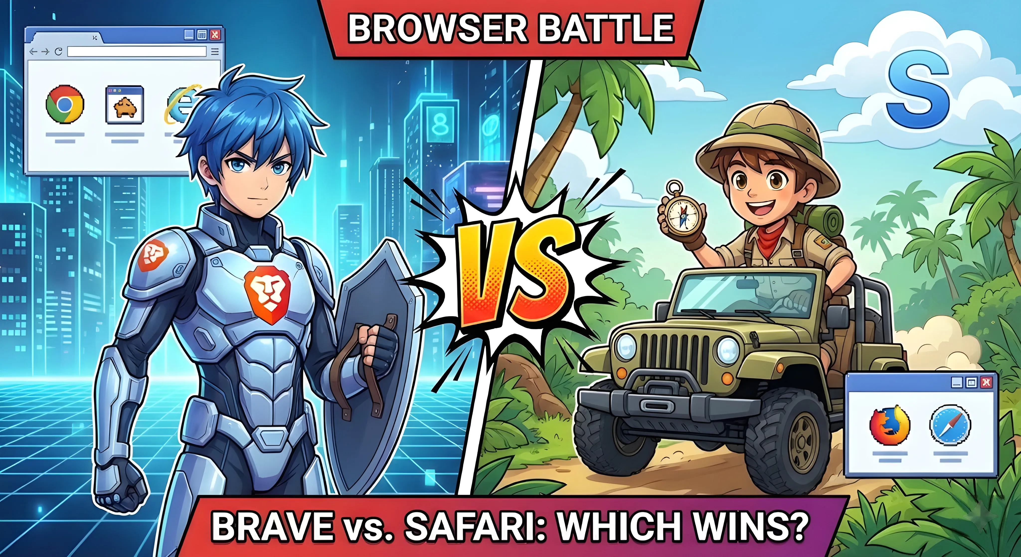Comparação Brave Browser vs Safari mostrando recursos de privacidade, benchmarks de desempenho e diferenças de funcionalidades para usuários de Mac e iOS em 2026