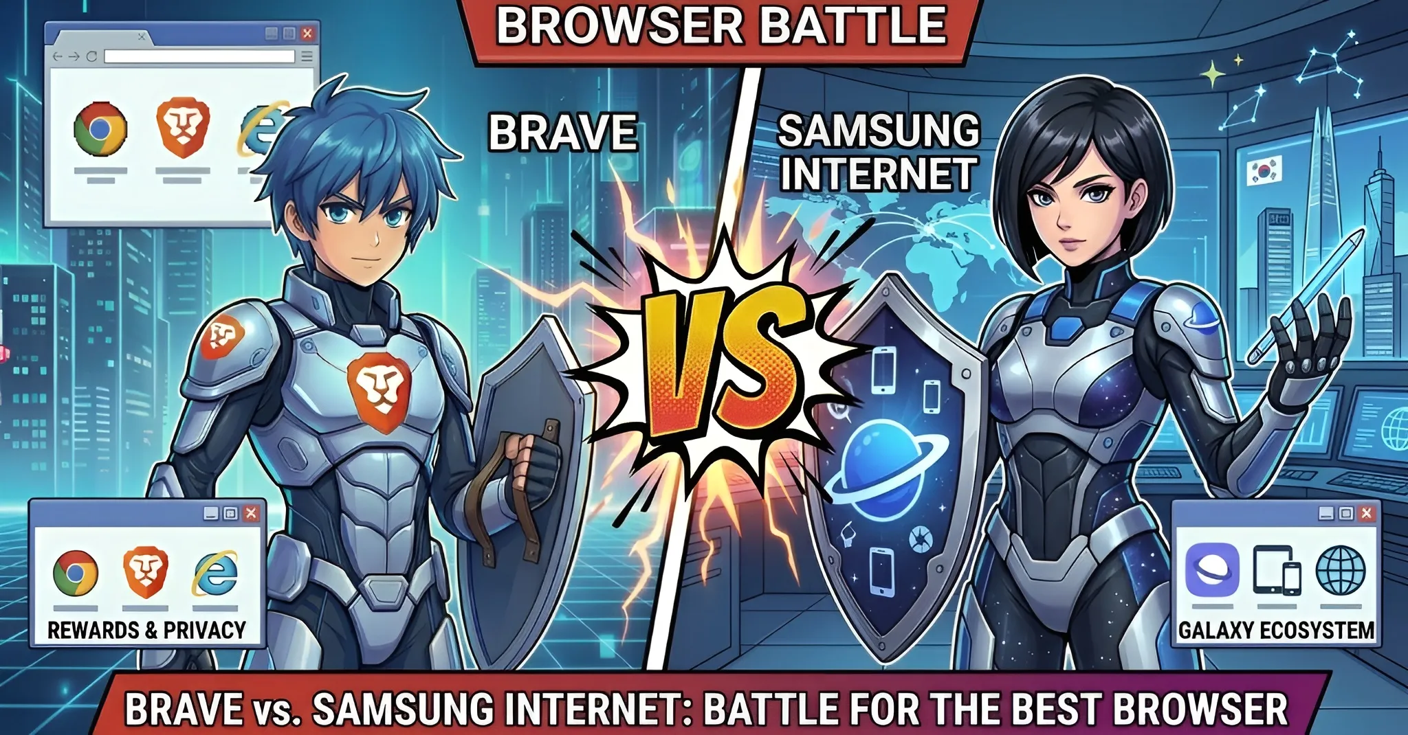 Brave Browser vs Samsung Internet comparison showing privacy features, performance benchmarks, and feature differences for Android and Galaxy users in 2026