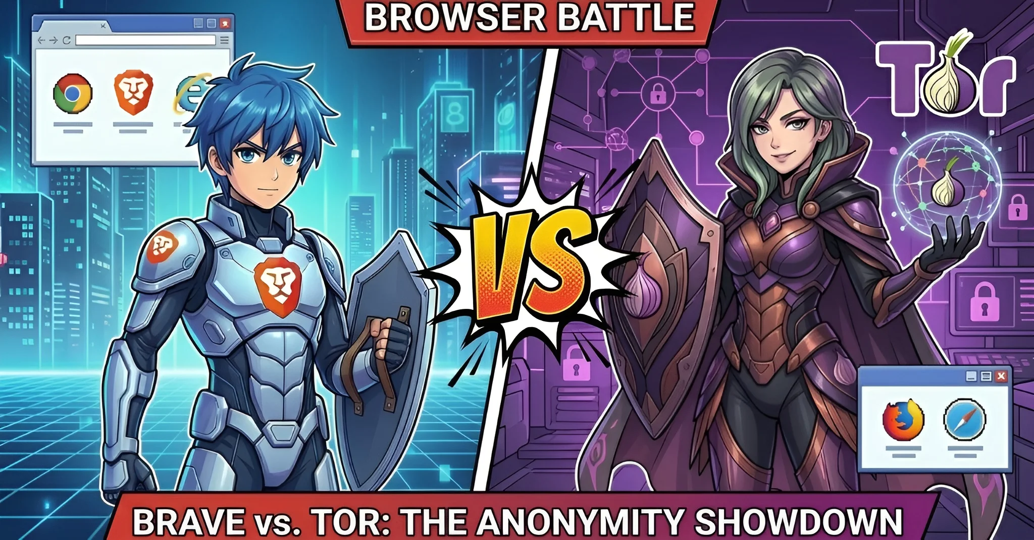 Brave Browser vs Tor Browser comparison showing privacy features, anonymity levels, censorship resistance, and security differences for privacy-conscious users in 2026