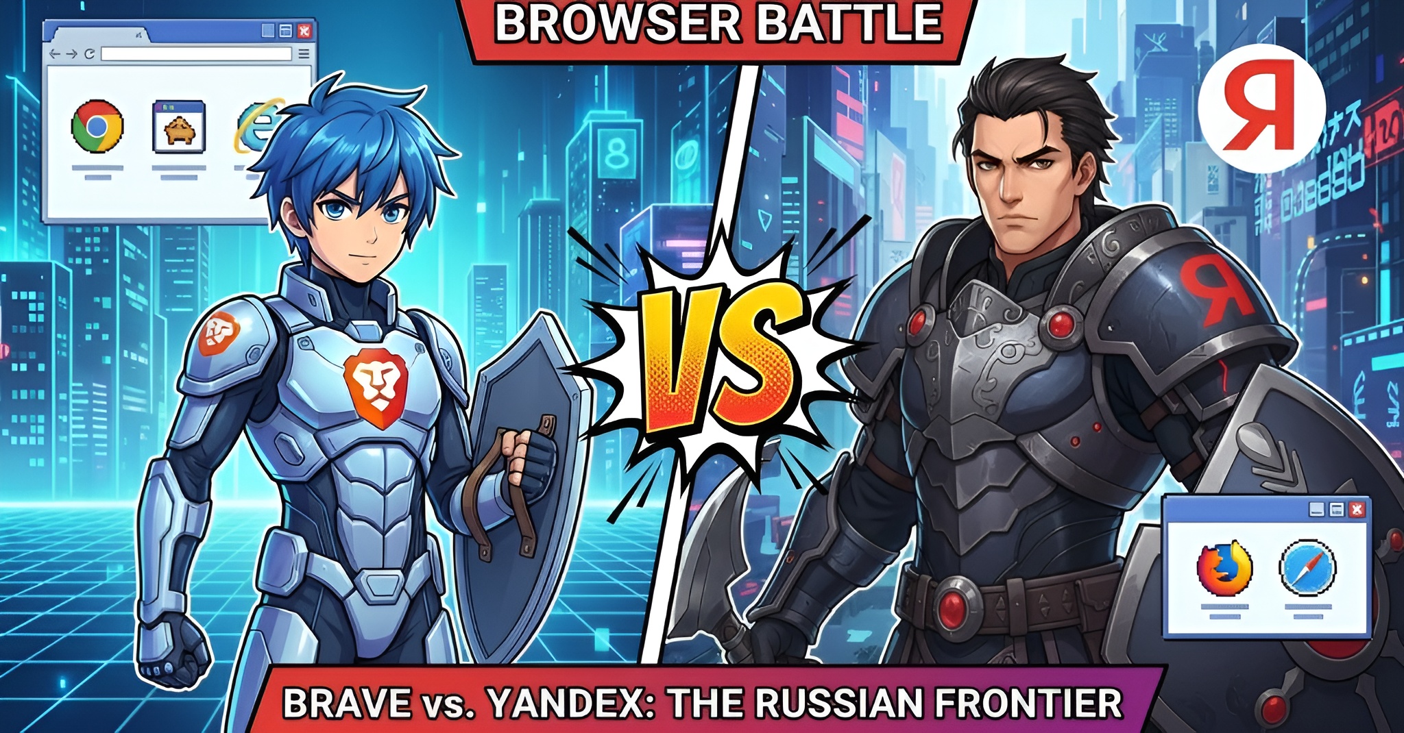 Brave Browser vs Yandex Browser comparison showing privacy features, data collection differences, and trust factors for 2026