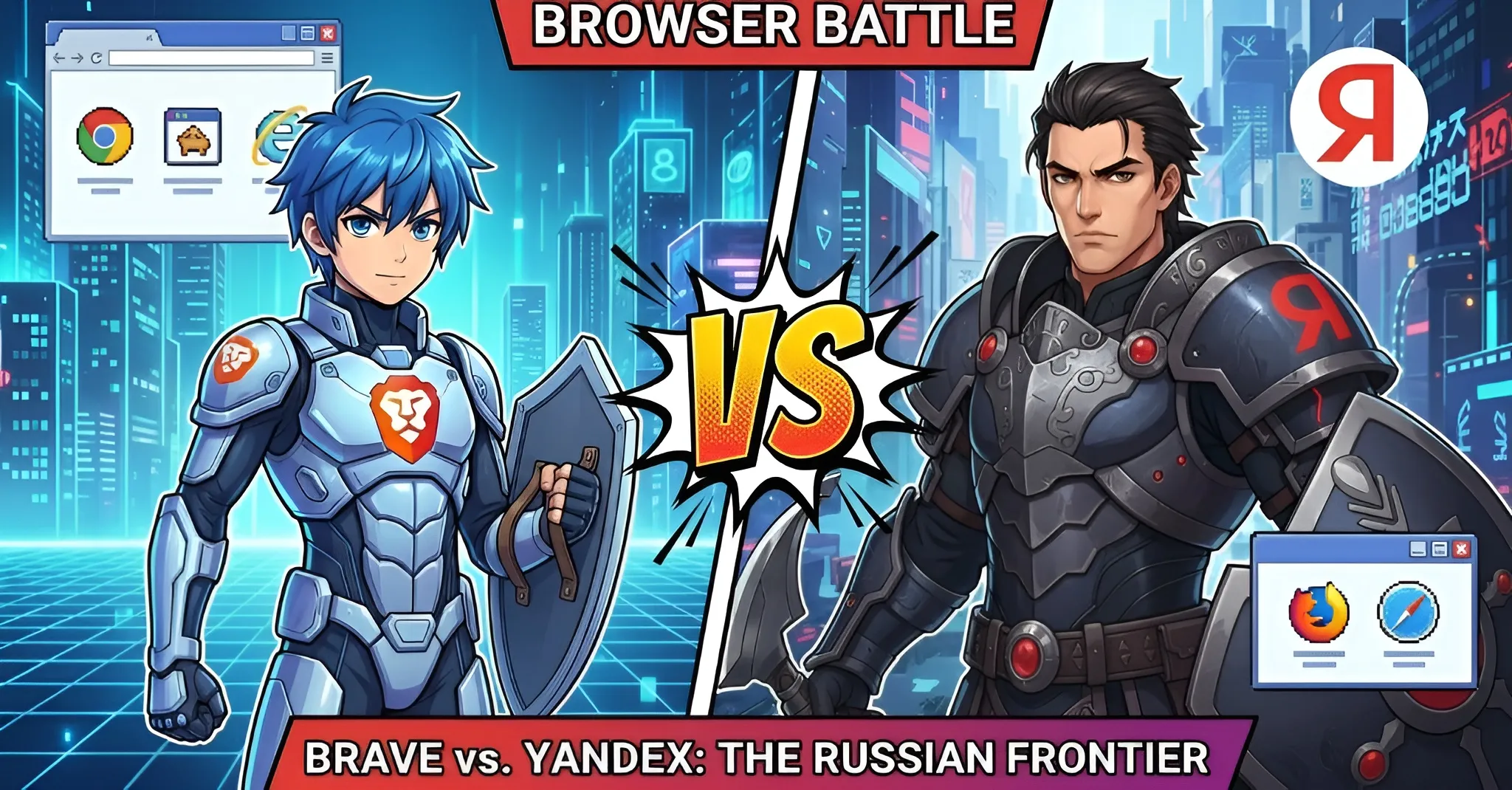 Brave Browser vs Yandex Browser 对比，展示 2026 年隐私功能、数据收集差异和信任因素